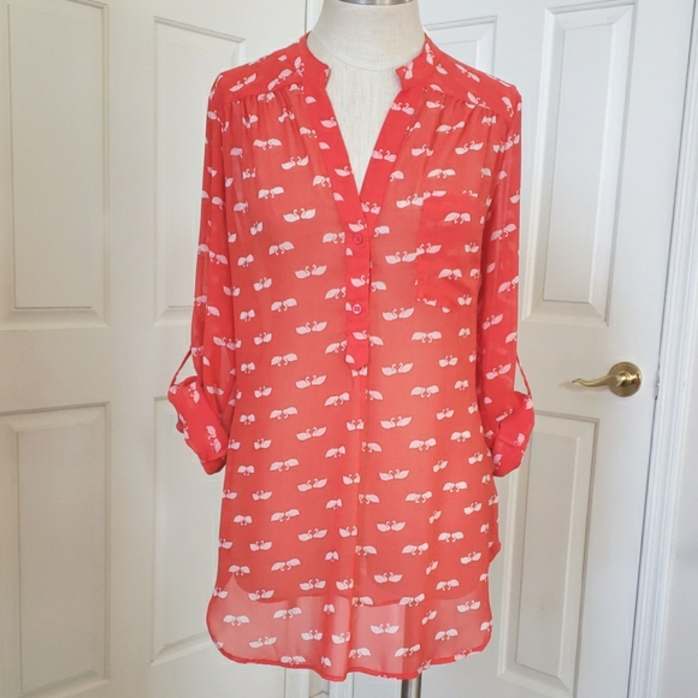 Anthropologie Pleione Swan Print Mandarin Collar Blouse Tunic Red Orange S - Picture 4 of 15